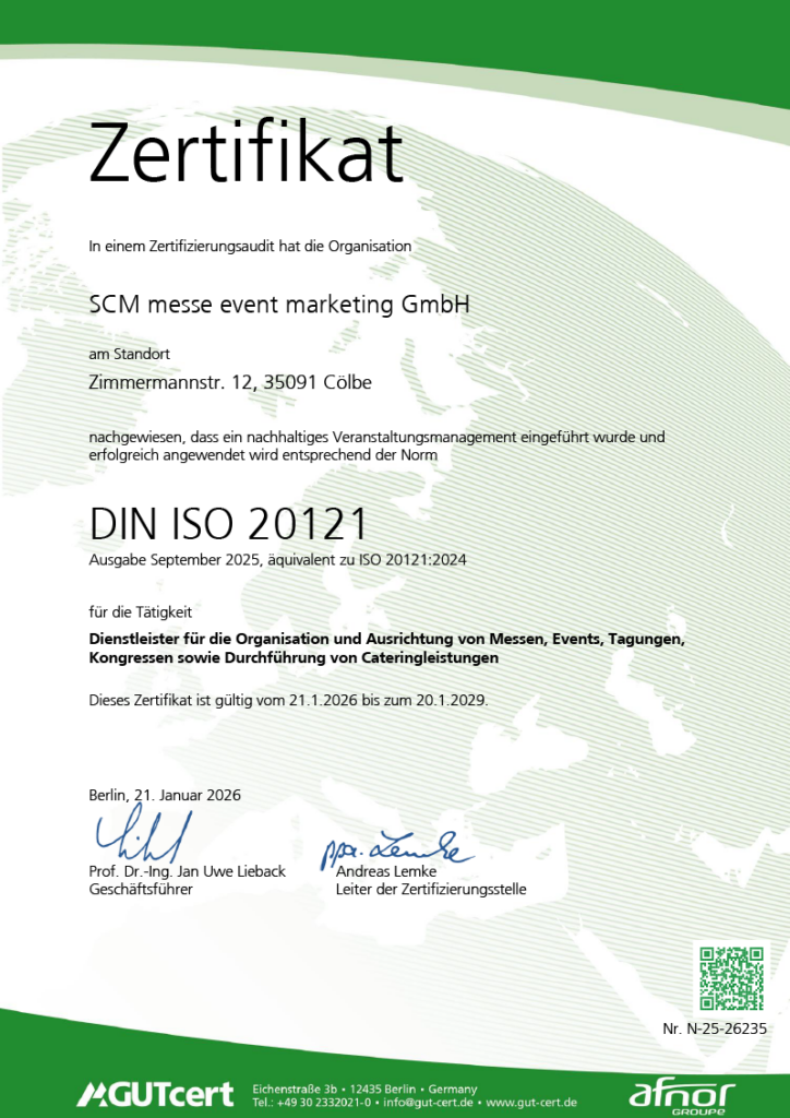 Zertifikat DIN ISO 20121 für die scm messe event marketing GmbH